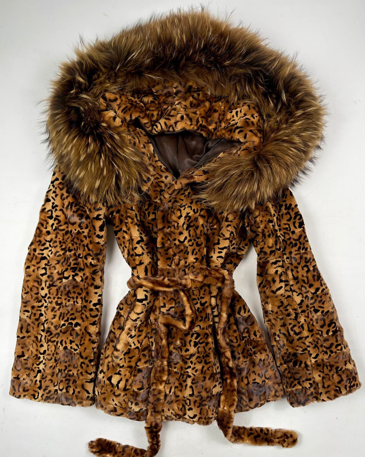 Vintage Mink Leopard Print Hooded Jacket with Fox Collar  — S/M