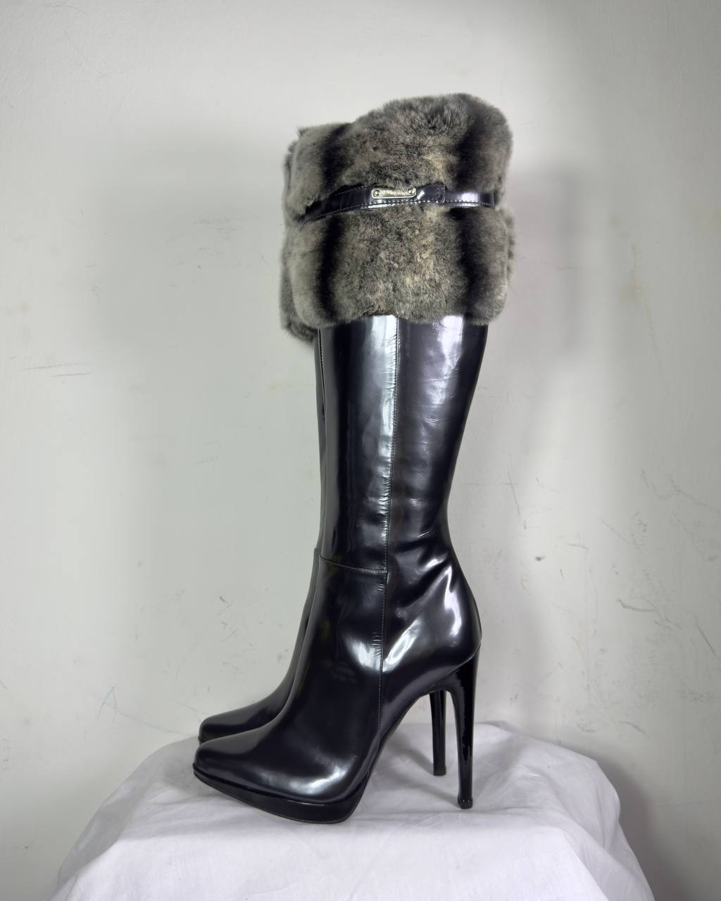 Casadei Vintage Italian Patent Leather & Fur Boots — 36