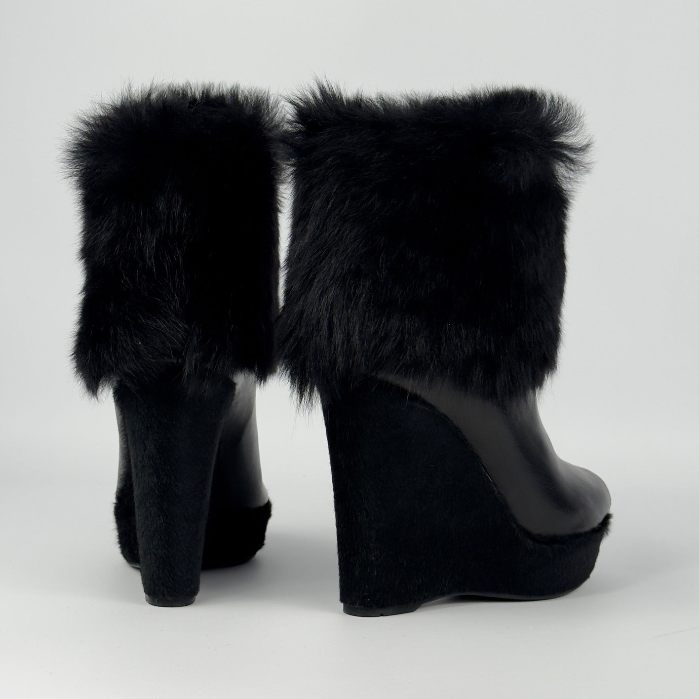 Prada Vintage Fur Wedge Peep Toe Booties — 36.5