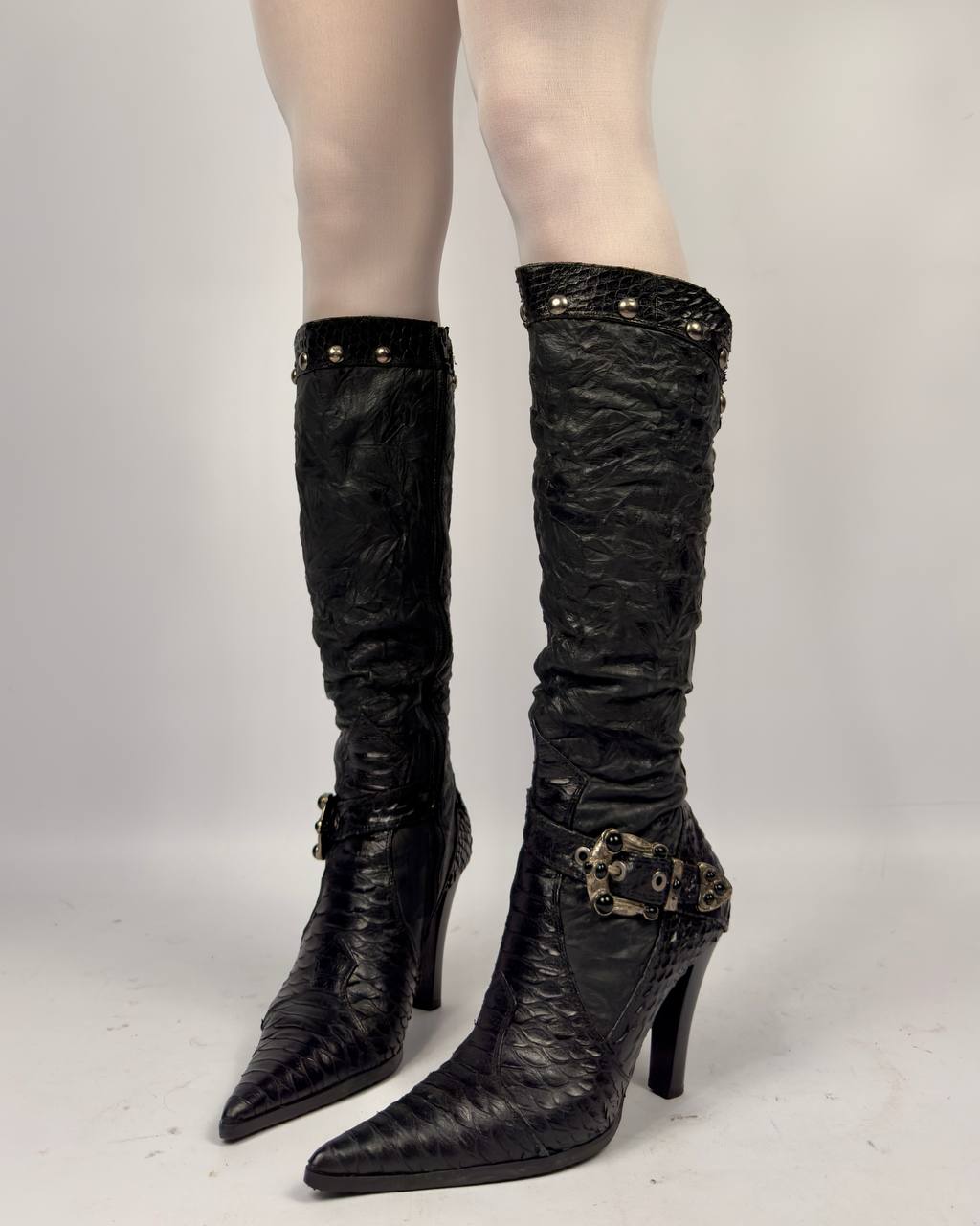 Vintage Leather Python Buckle Boots — 38