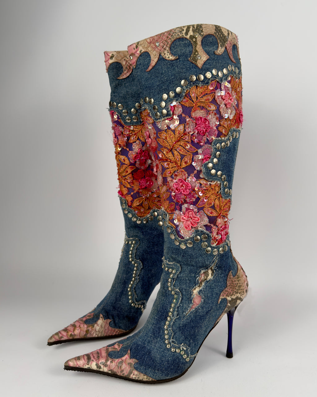 El Dante’s Couture Vintage Denim Boots — 36