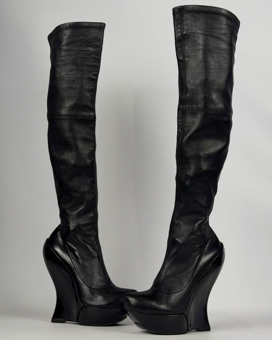 Celine FW 2008 Over the Knee Leather Wedge Boots — 36