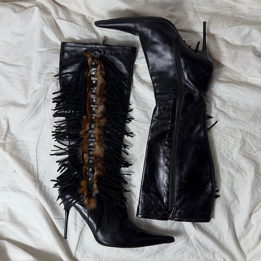 El Dante’s Leather Fringe Boots with Fur