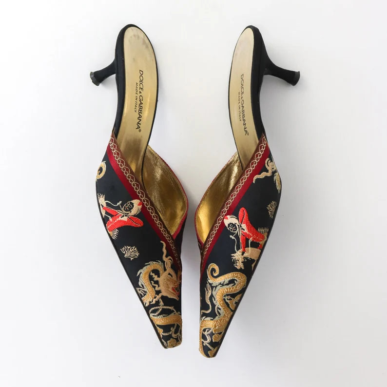 Vintage Dolce&Gabbana Dragon Butterflies Mules Kitten Heels — 38/38.5