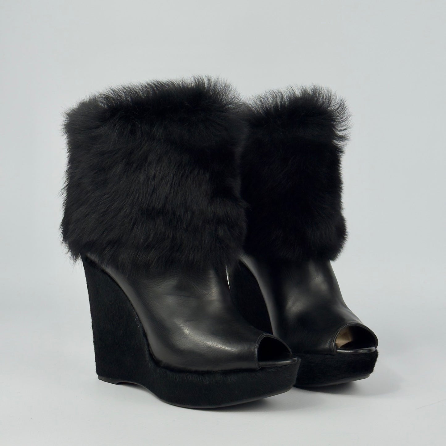 Prada Vintage Fur Wedge Peep Toe Booties — 36.5