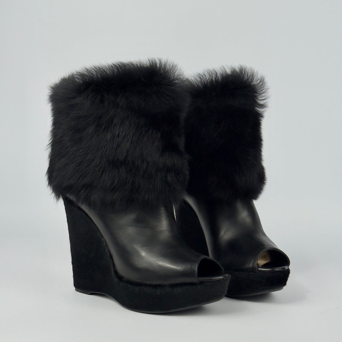 Prada Vintage Fur Wedge Peep Toe Booties — 36.5