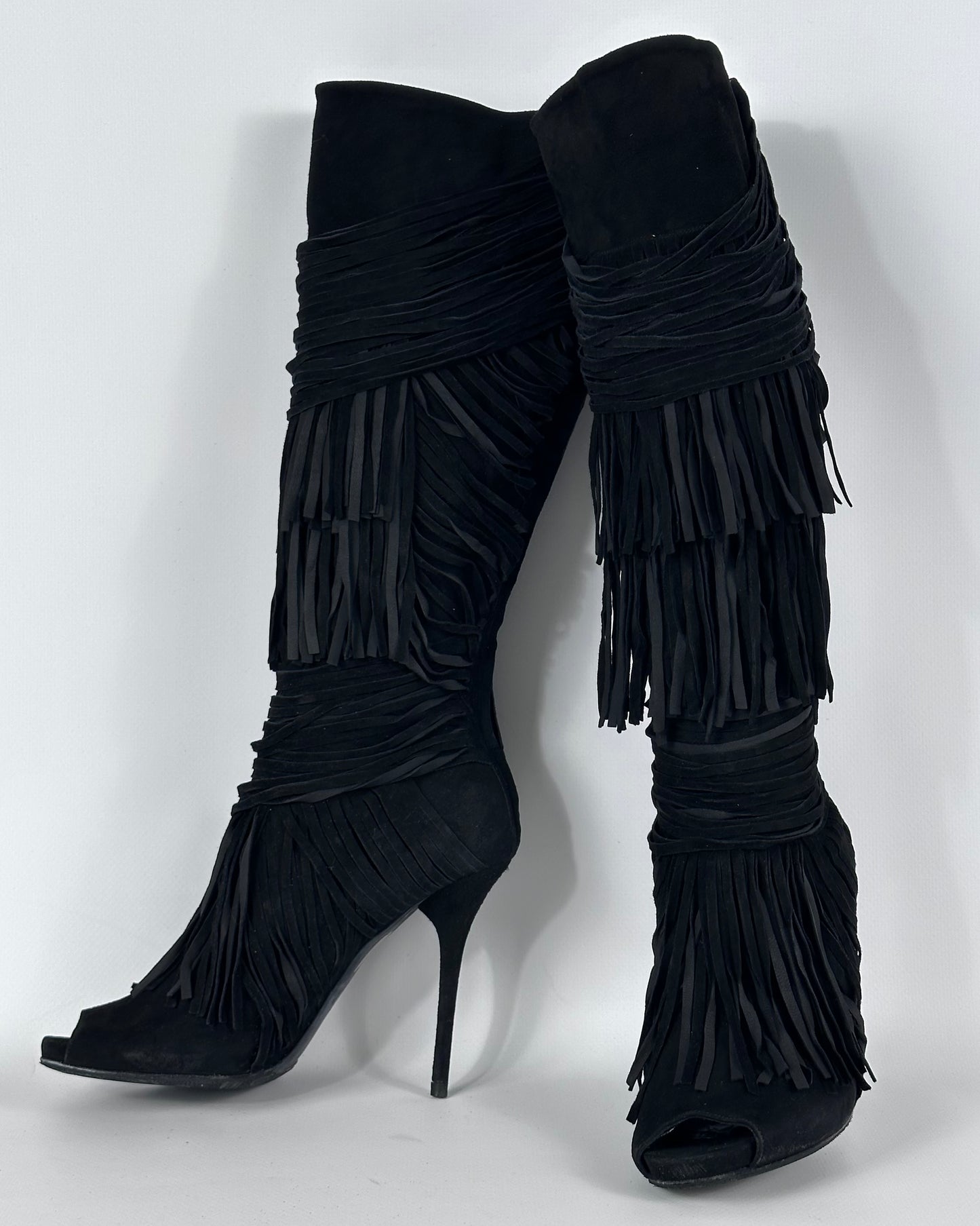 Gucci Becky Suede Fringe Peep Toe Boots — 38/39