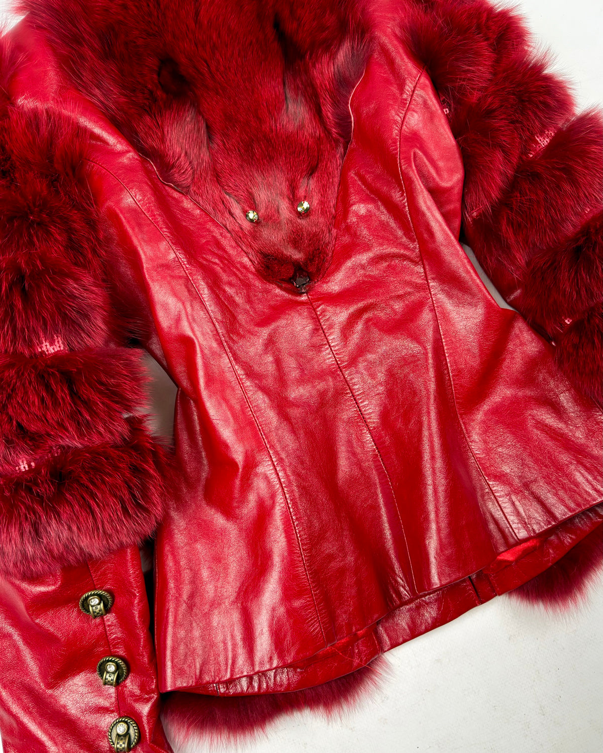 Vintage Red Fur Leather Jacket — S/M