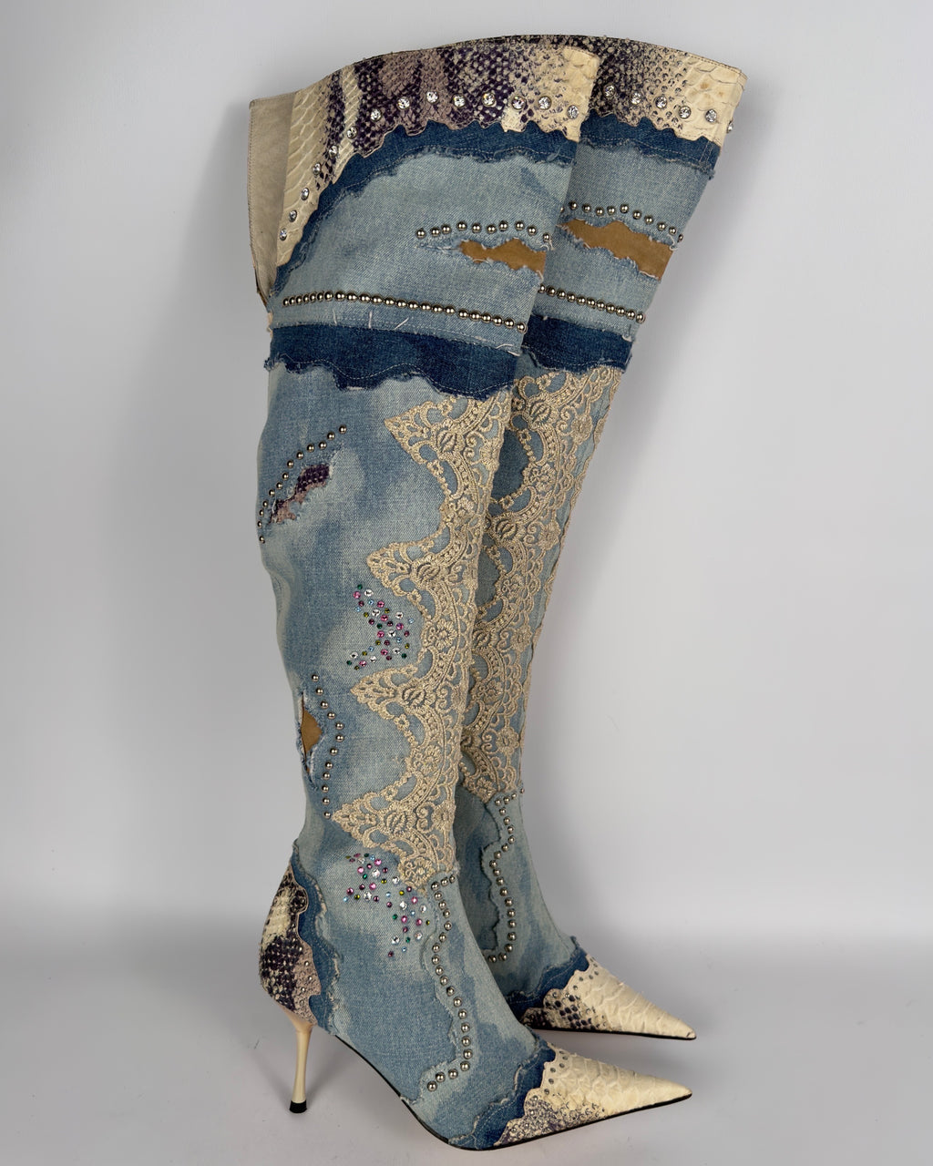 El Dante’s Couture Vintage Denim Boots — 38