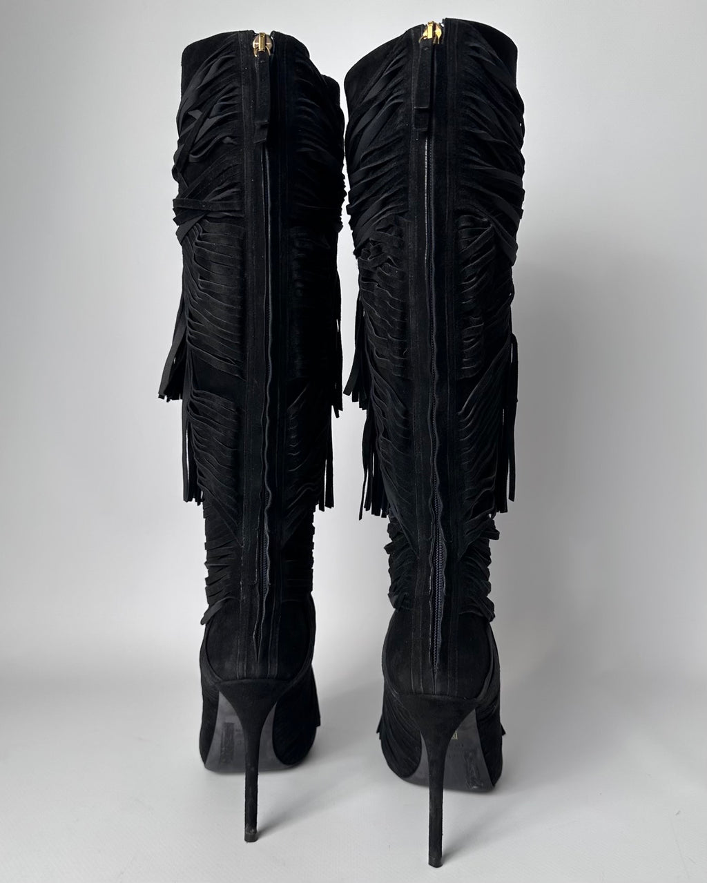 Gucci Becky Suede Fringe Peep Toe Boots — 36/37