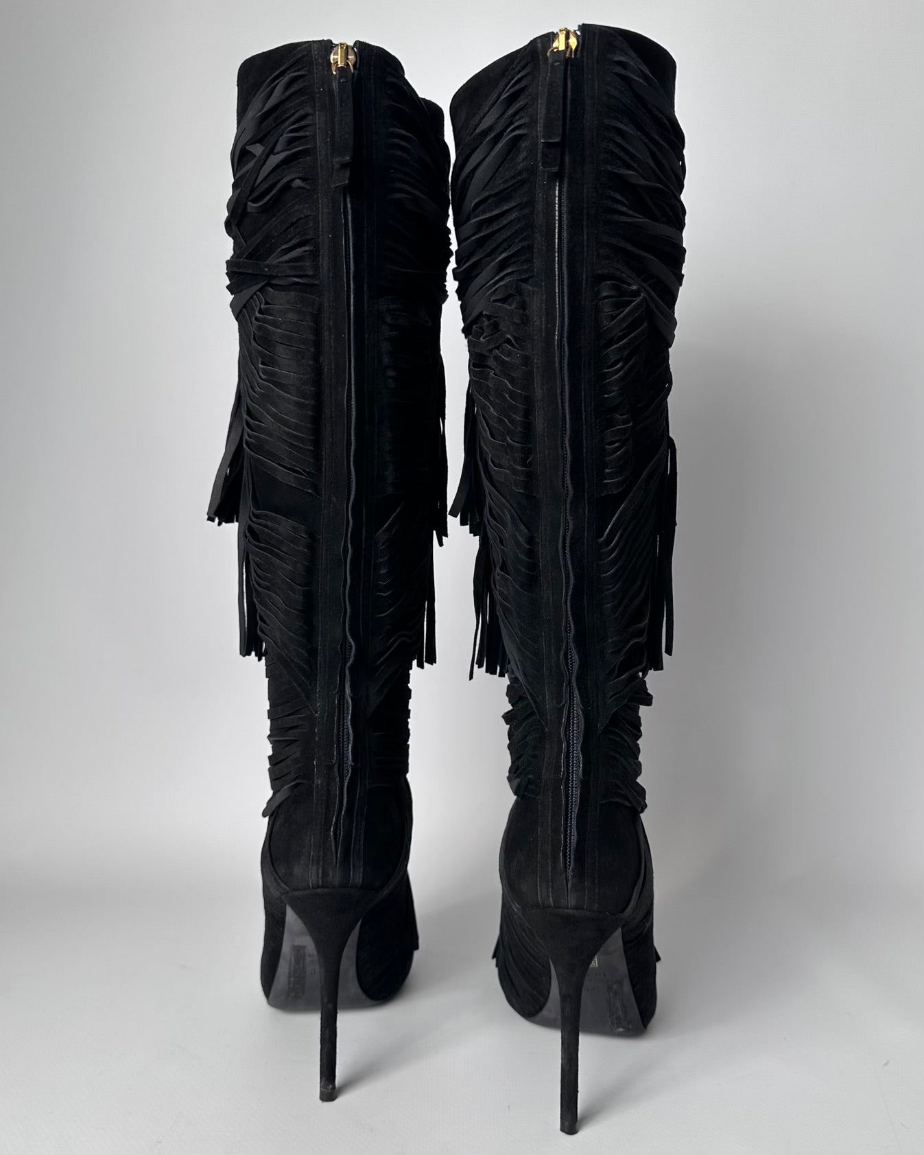 Gucci Becky Suede Fringe Peep Toe Boots — 36/37