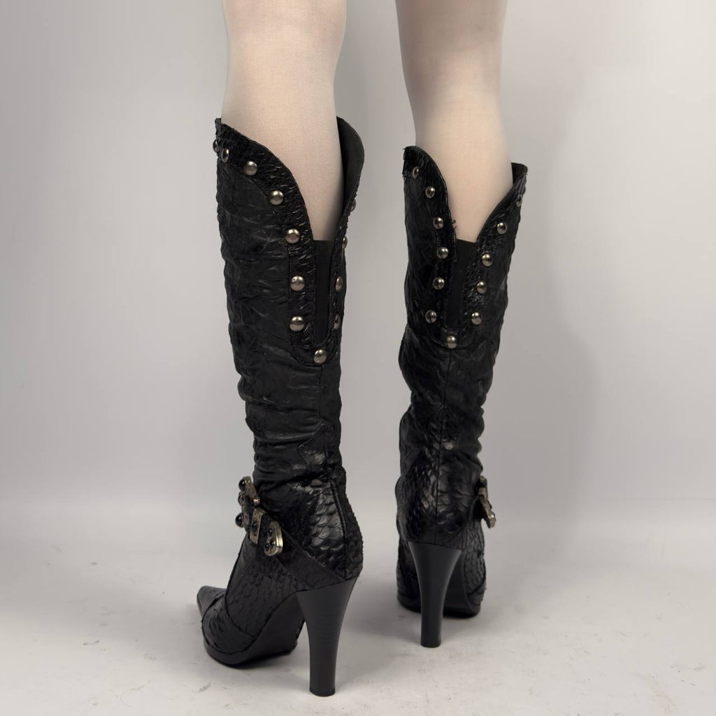 Vintage Leather Python Buckle Boots — 38