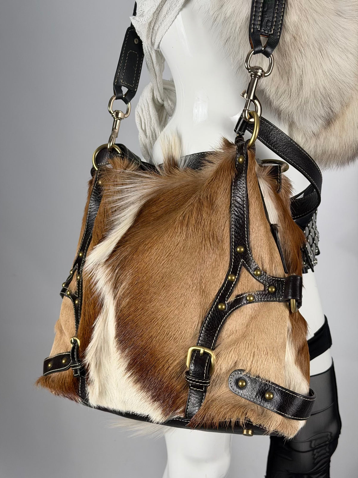 Vintage Cowhide Mohawk Fur Bondage Leather Bag