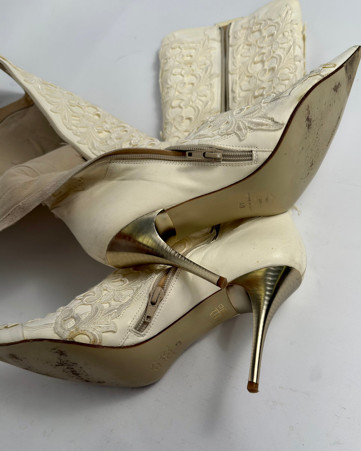Vintage Italian Lace Appliqué Leather Boots — 40
