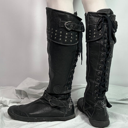 Vintage Lace Up Knee High Moto Biker Boots