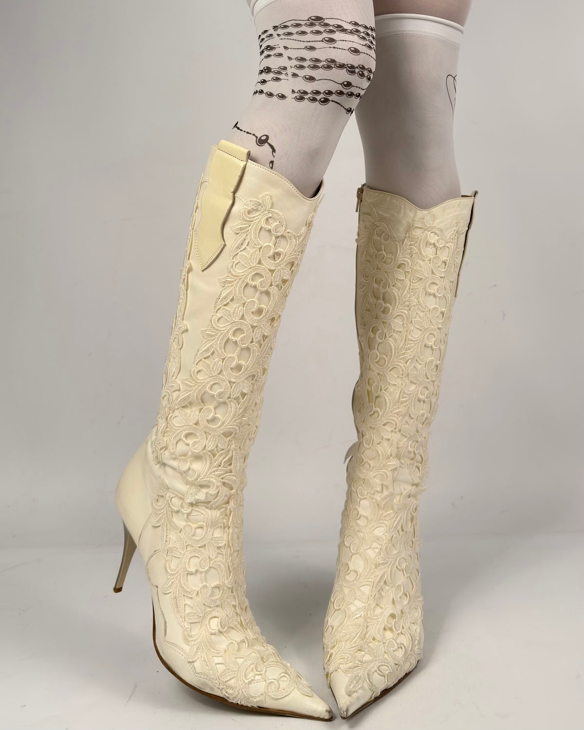 Vintage Italian Lace Appliqué Leather Boots — 40