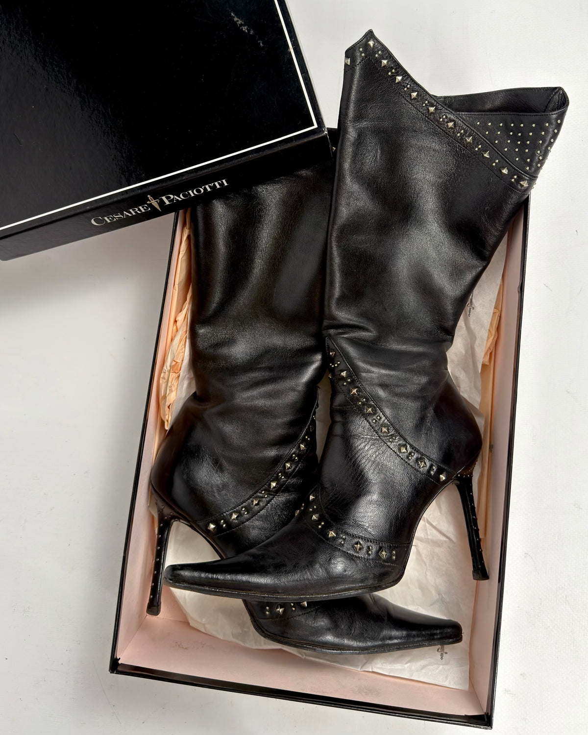 Cesare Paciotti Vintage Leather Studded Boots — 39