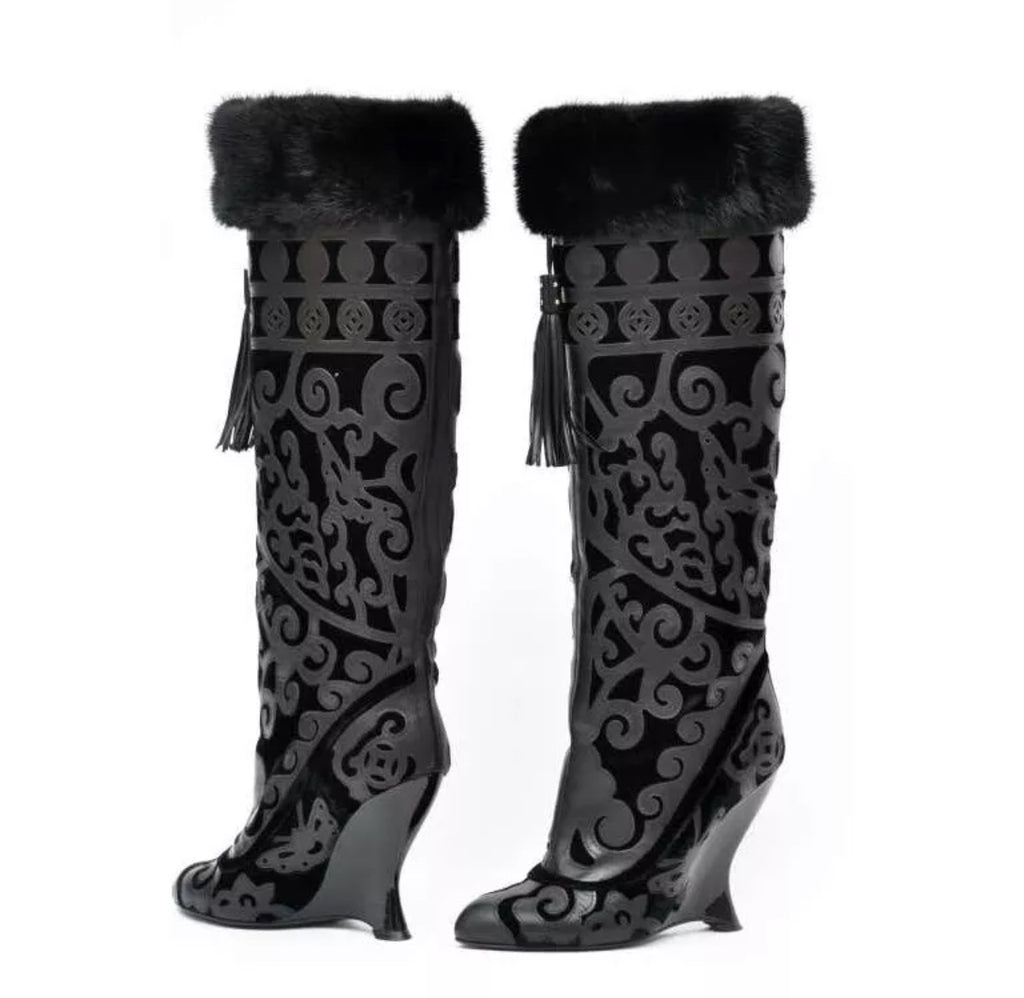 Yves Saint Laurent by Tom Ford F/W 2004 Chinoiserie Fur Wedge Boots — 37
