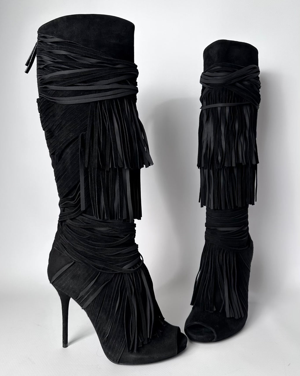 Gucci Becky Suede Fringe Peep Toe Boots — 36/37
