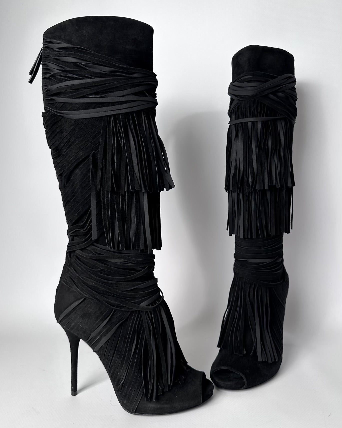 Gucci Becky Suede Fringe Peep Toe Boots — 36/37