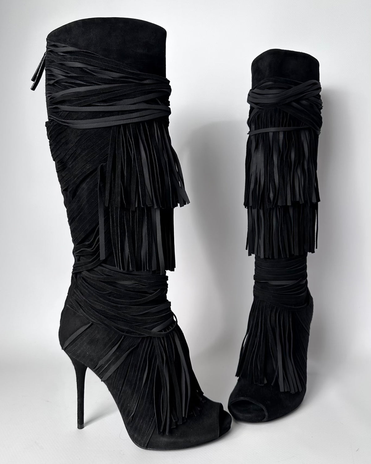 Gucci Becky Suede Fringe Peep Toe Boots — 36/37
