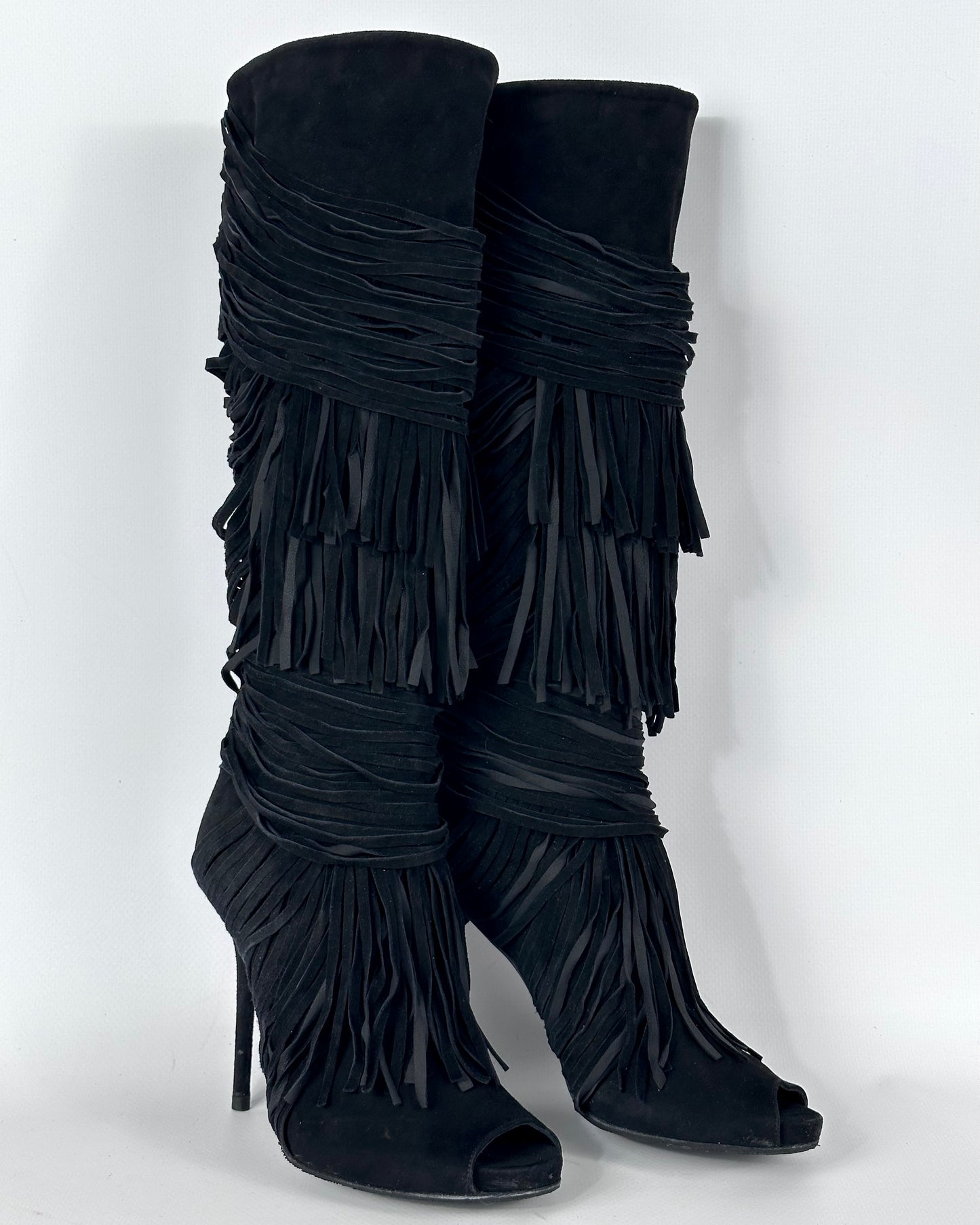 Gucci Becky Suede Fringe Peep Toe Boots — 38/39