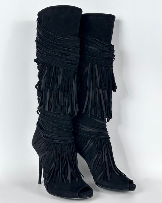 Gucci Becky Suede Fringe Peep Toe Boots — 38/39