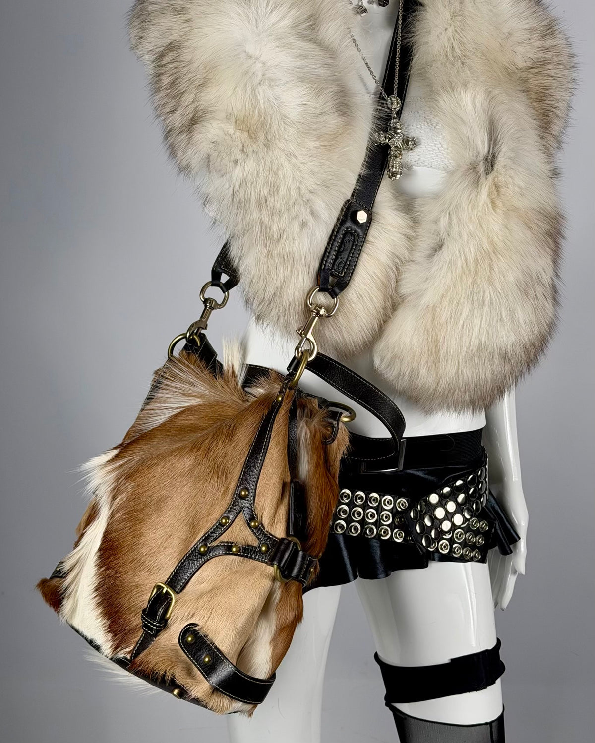 Vintage Cowhide Mohawk Fur Bondage Leather Bag