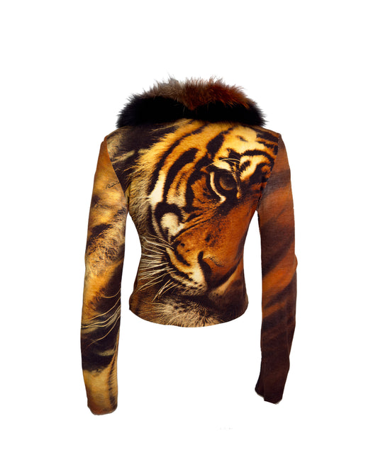 Roberto Cavalli F/W 2000 Tiger Print Fur Trim Cardigan