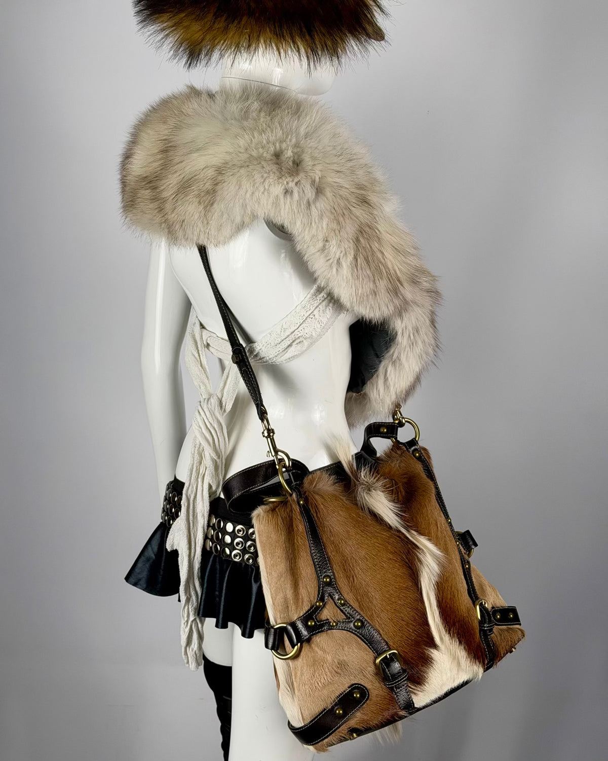 Vintage Cowhide Mohawk Fur Bondage Leather Bag