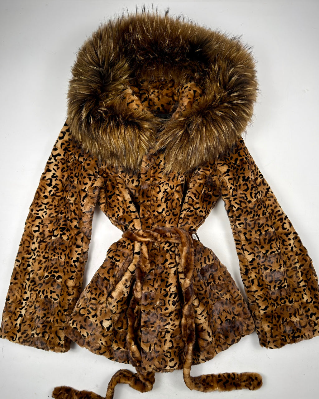 Vintage Mink Leopard Print Hooded Jacket with Fox Collar  — S/M