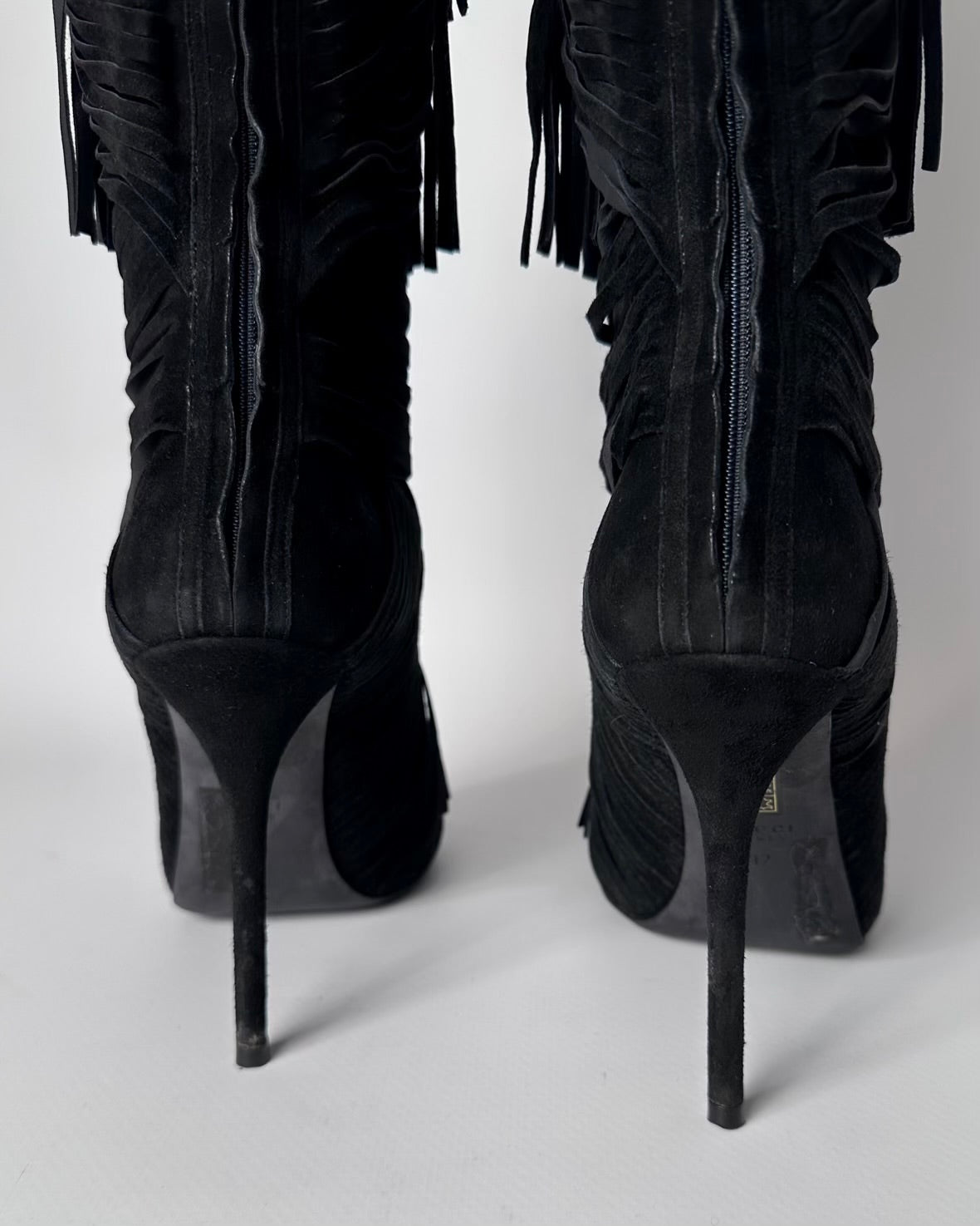 Gucci Becky Suede Fringe Peep Toe Boots — 36/37