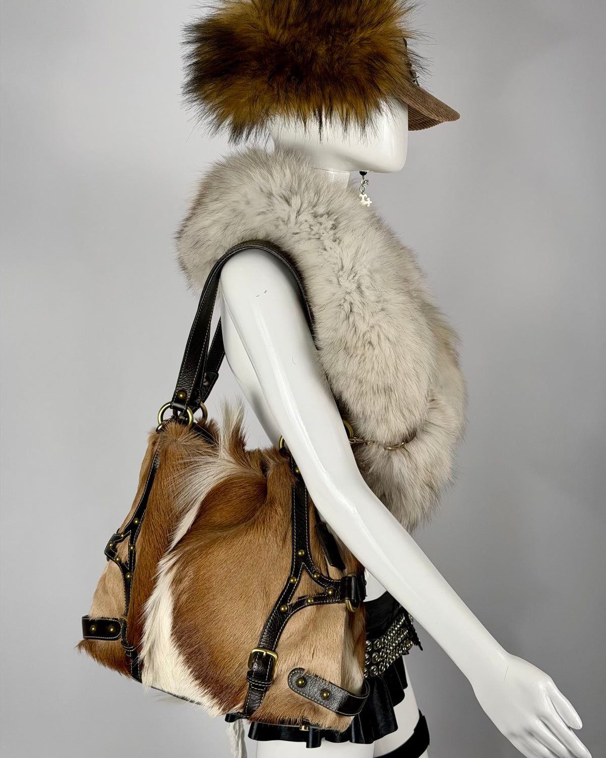Vintage Cowhide Mohawk Fur Bondage Leather Bag