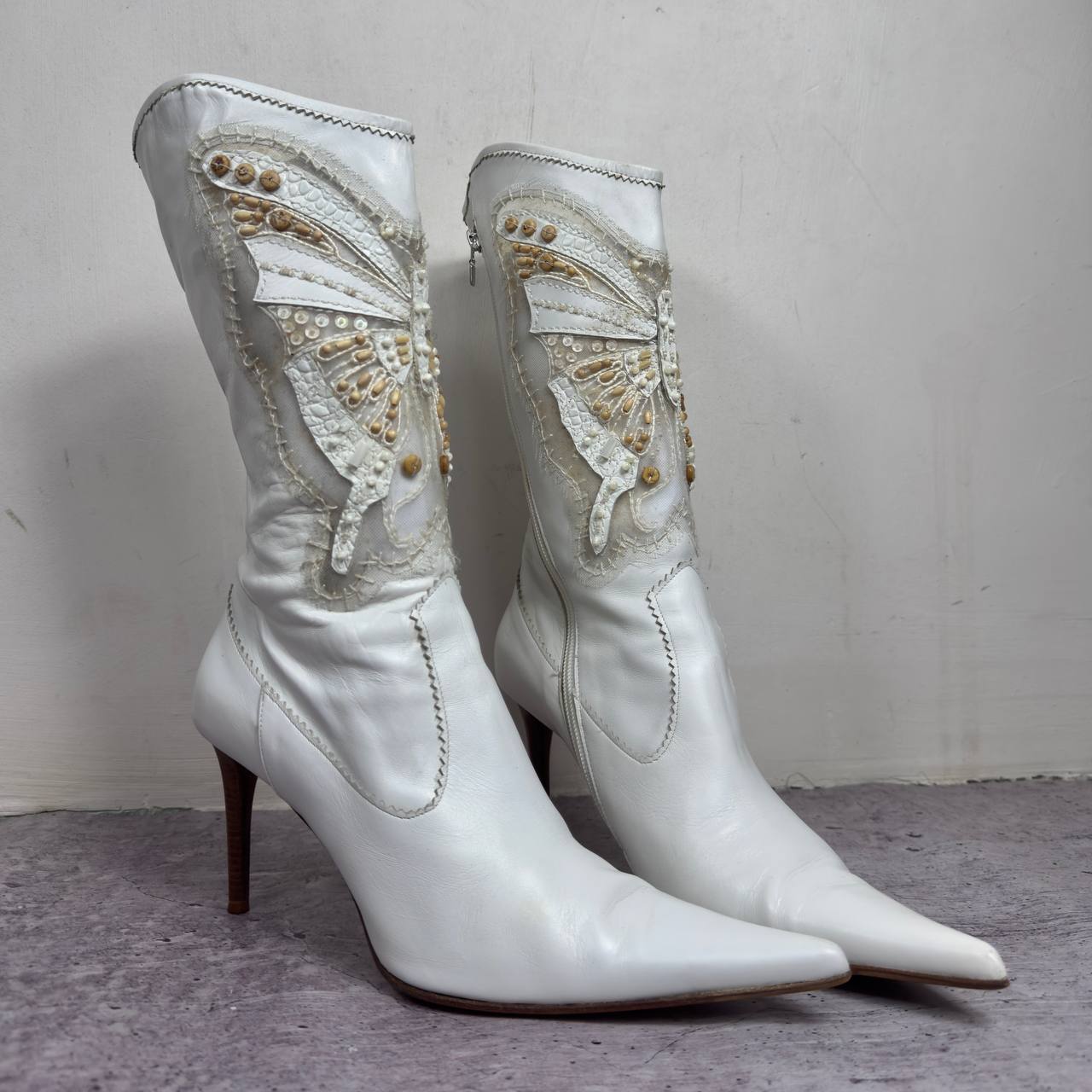 Le Silla Butterfly White Leather Beaded Boots 38/38.5
