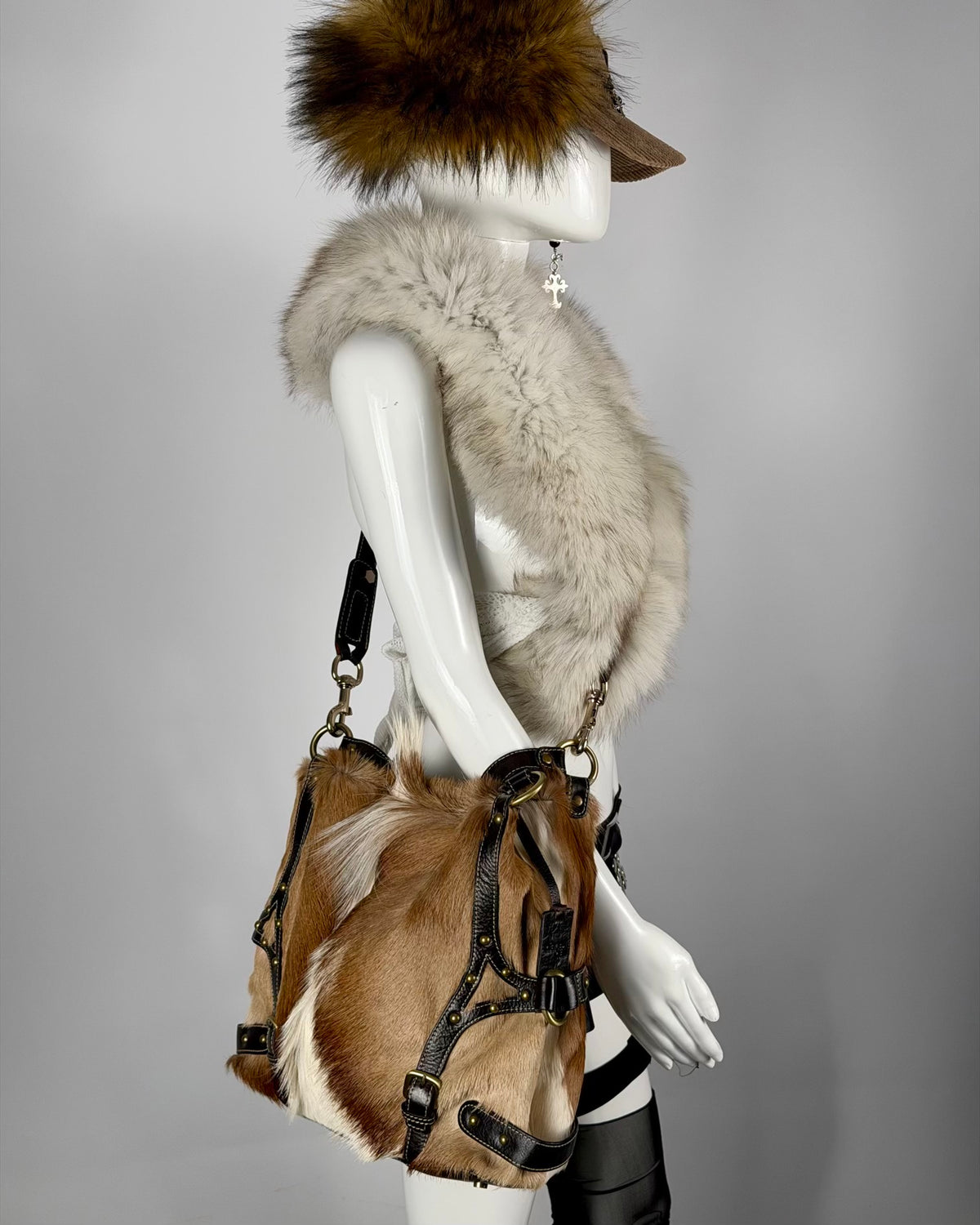 Vintage Cowhide Mohawk Fur Bondage Leather Bag