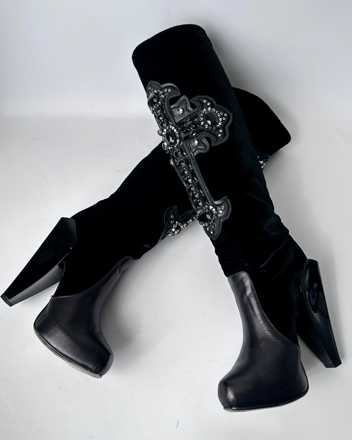 Versace F/W 2012 Velvet Leather Cross Boots — 38.5
