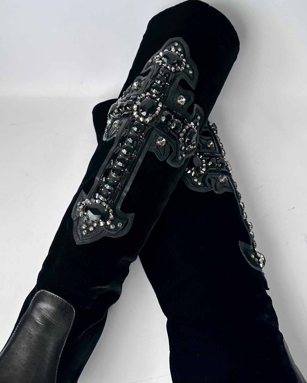 Versace F/W 2012 Velvet Leather Cross Boots — 38.5