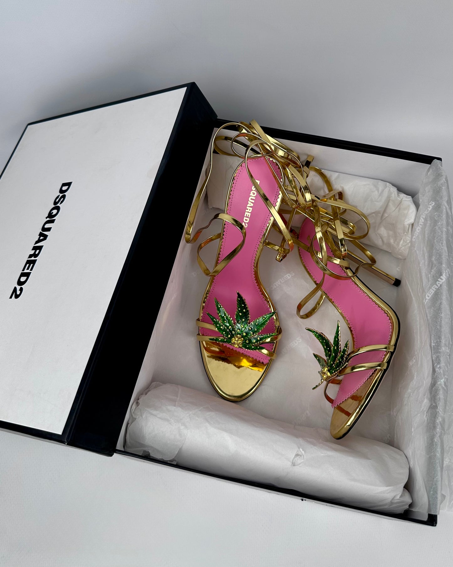 Dsquared2 Marija Leaf Gold Strap Sandals SS05 reissue for SS24 — 40/41