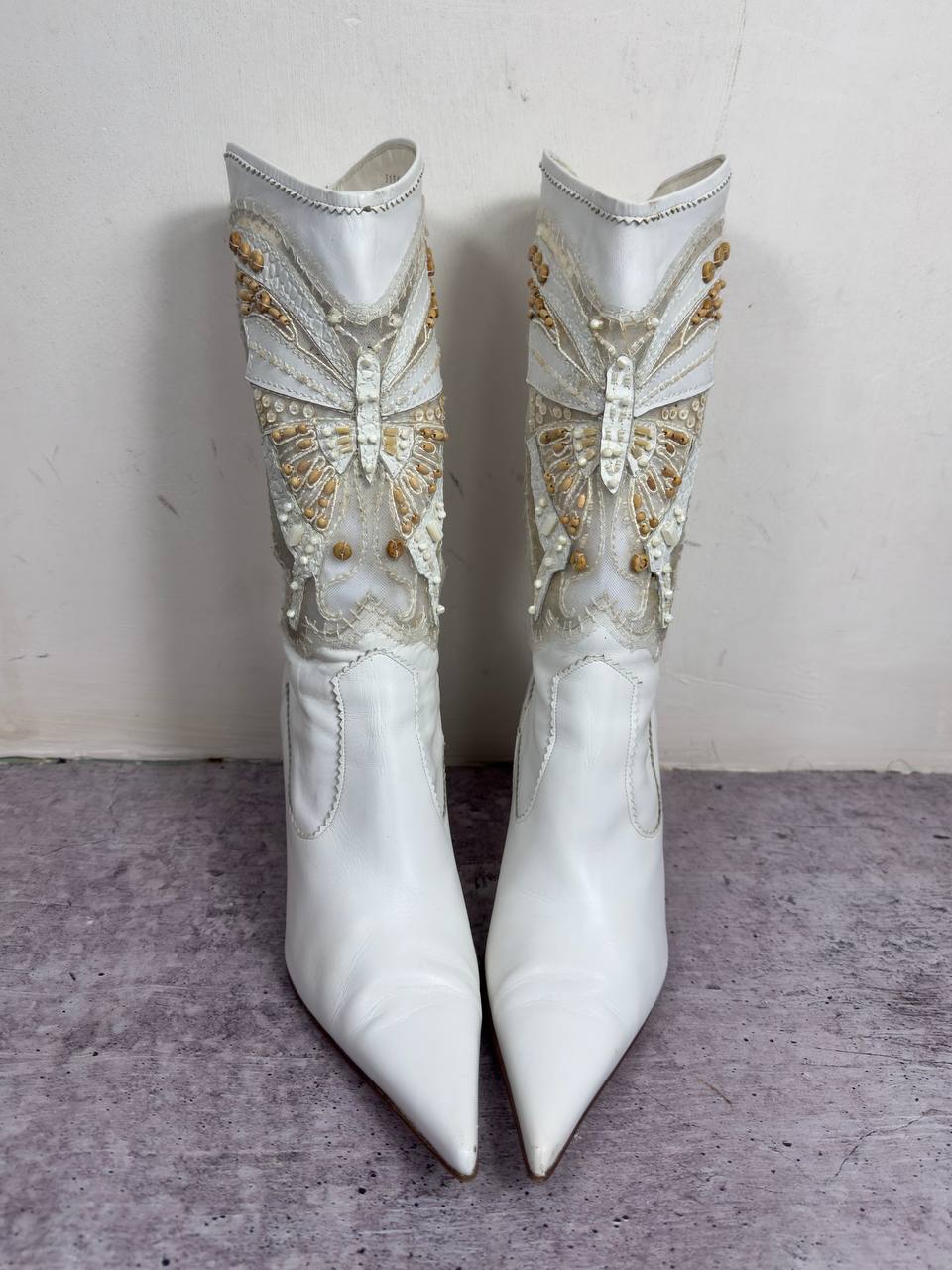 Le Silla Butterfly White Leather Beaded Boots 38/38.5