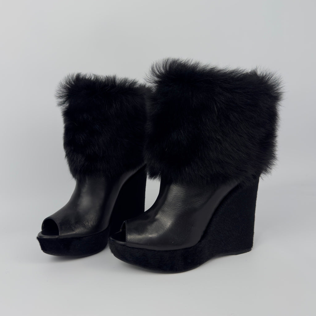 Prada Vintage Fur Wedge Peep Toe Booties — 36.5