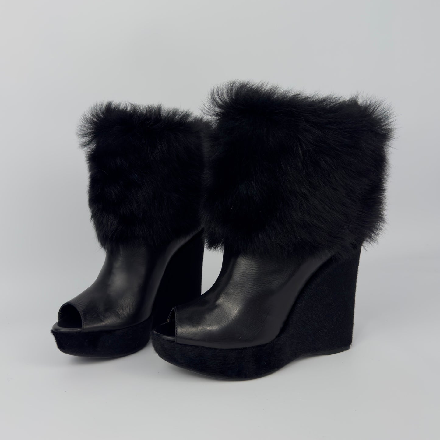 Prada Vintage Fur Wedge Peep Toe Booties — 36.5