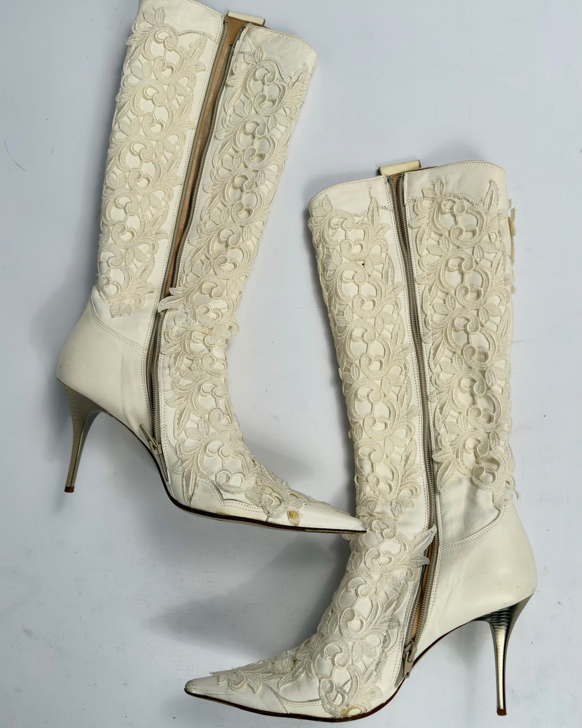 Vintage Italian Lace Appliqué Leather Boots — 40