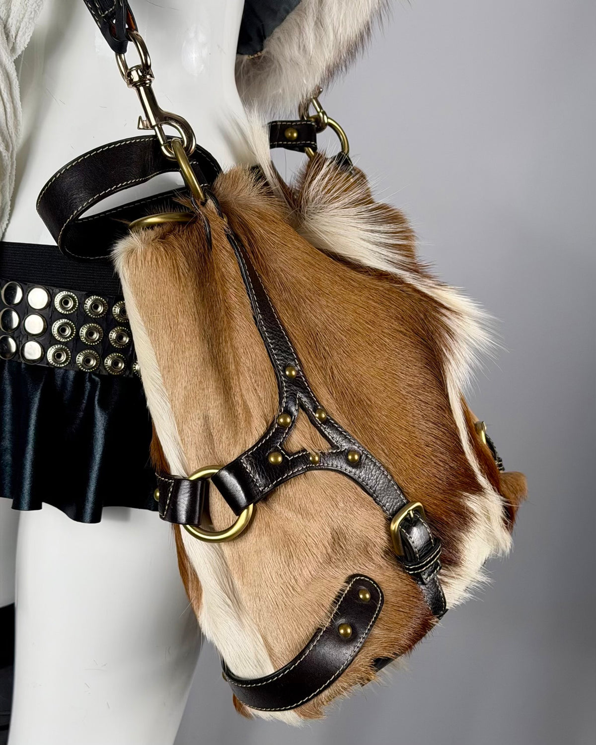 Vintage Cowhide Mohawk Fur Bondage Leather Bag