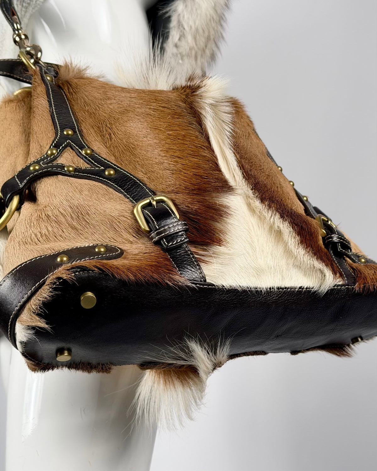 Vintage Cowhide Mohawk Fur Bondage Leather Bag