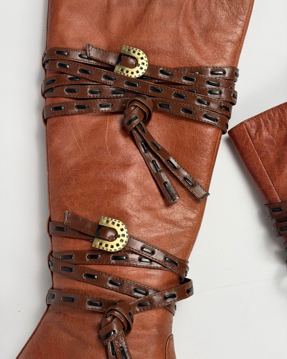Vintage Leather Boots with PU straps — 36