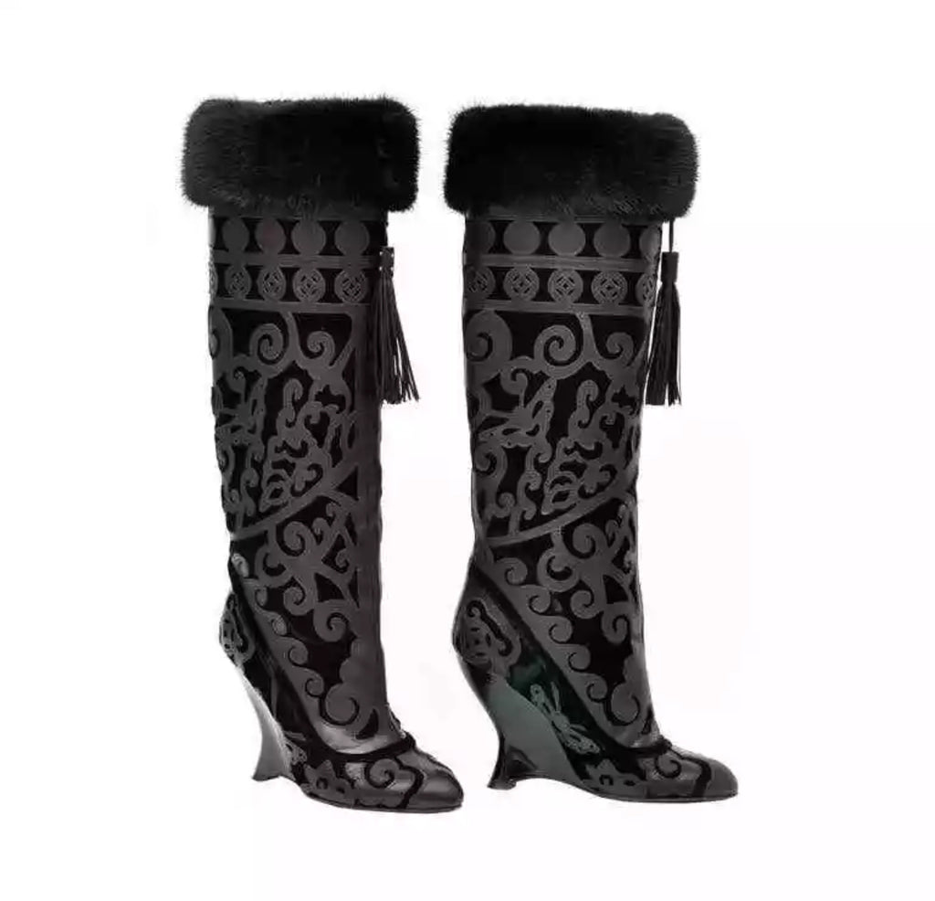 Yves Saint Laurent by Tom Ford F/W 2004 Chinoiserie Fur Wedge Boots — 37