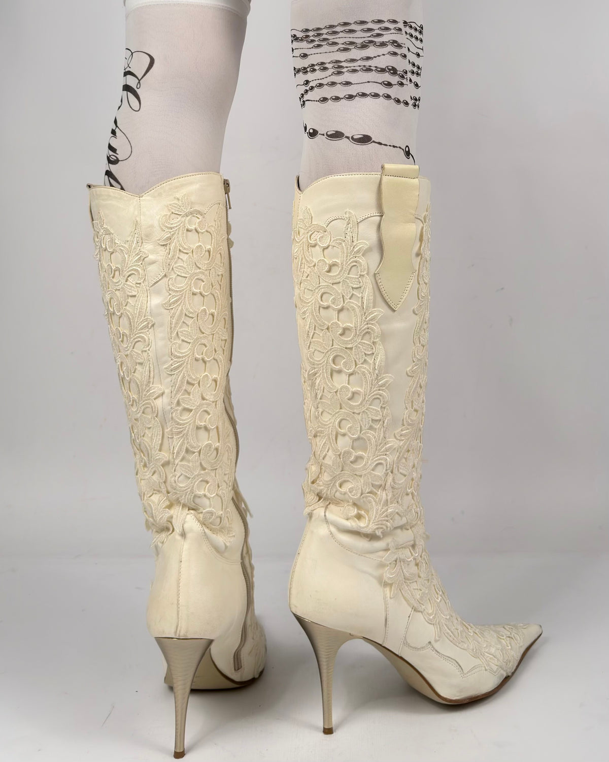 Vintage Italian Lace Appliqué Leather Boots — 40
