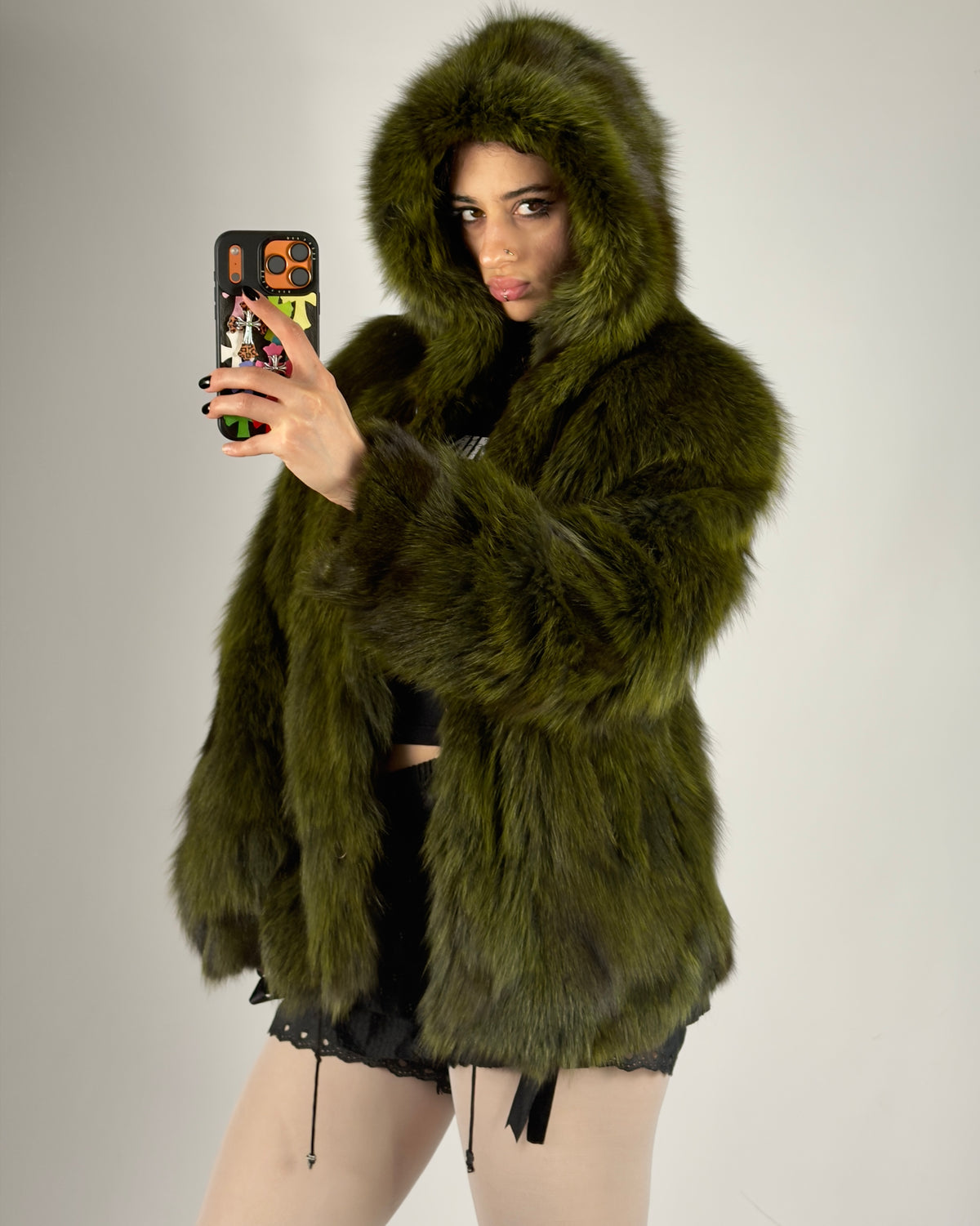 Vintage Fox Fur Hooded Green Jacket — S/M