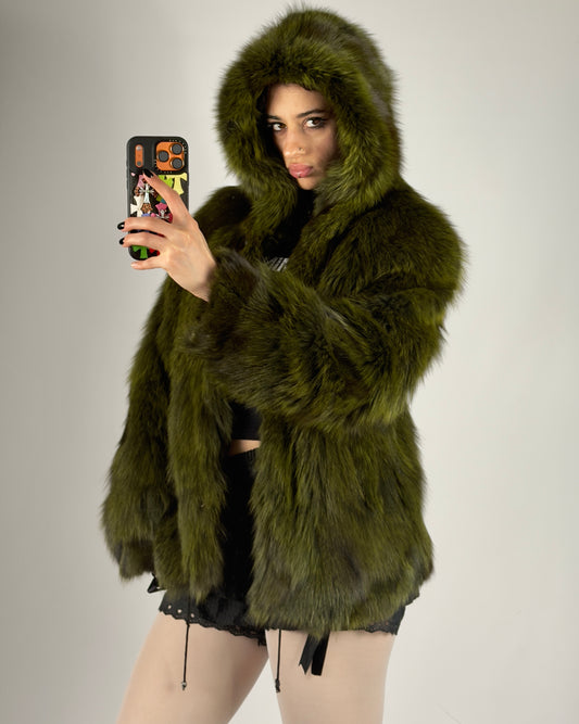 Vintage Fox Fur Hooded Green Jacket — S/M