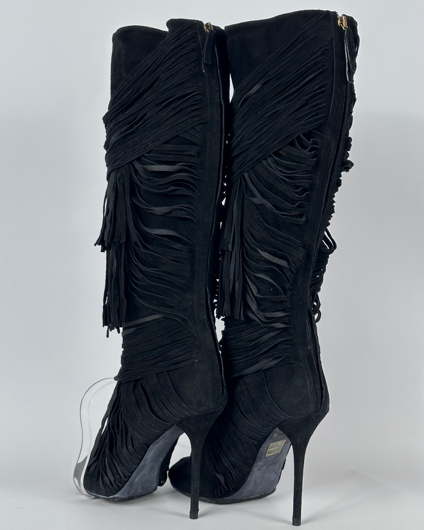 Gucci Becky Suede Fringe Peep Toe Boots — 38/39